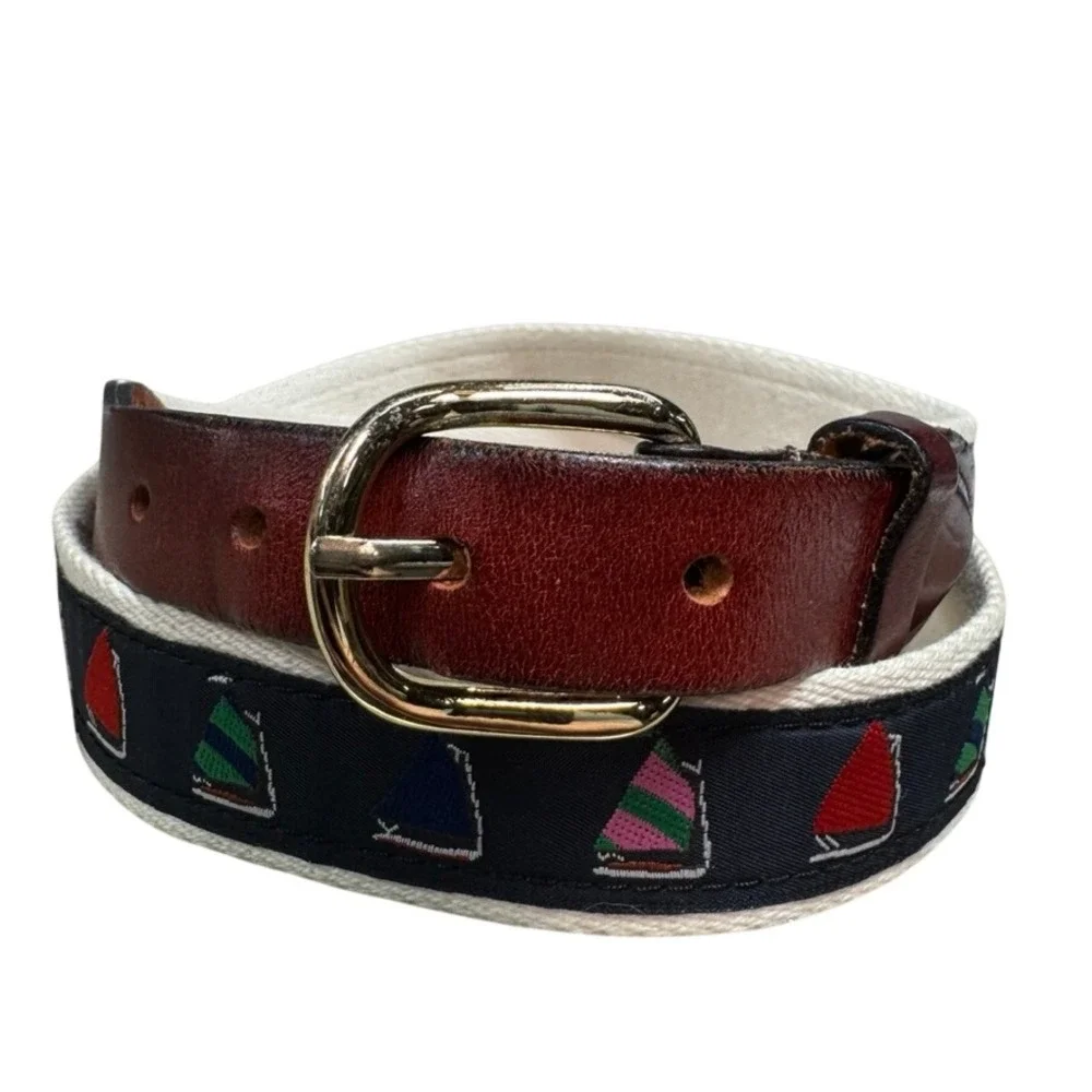 Mens Sailboat Nautical Web Belt Leather Tabs Brass Buckle Navy Cream Size 36